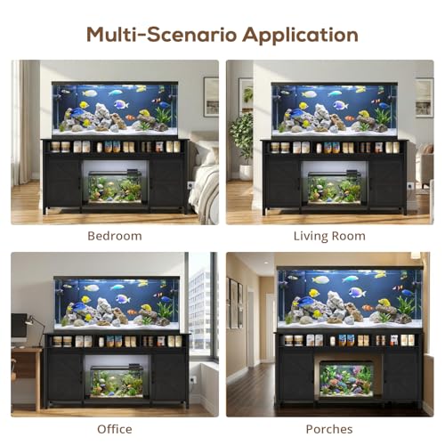 VOWNER 75-120 Gallon Fish Tank Stand with Power Outlet for 2 Tanks, Black | Farmhouse Aquarium Stand with Storage Cabinet & Sliding Barn Doors, Heavy Duty Reptile Tank Stand, 1000LBS Capacity - color: Black