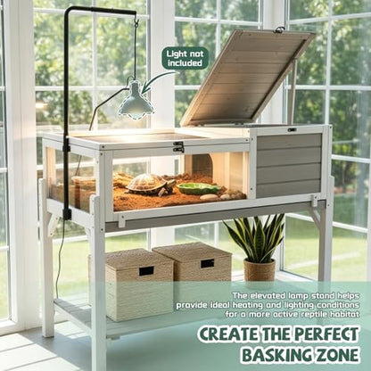 Large Tortoise Habitat with Adjustable Lamp Stand & Storage Shelf, Wooden Tortoise Enclosure with Viewing Window, Pull-Out Tray, 2-Room Reptile Turtle Enclosure House Indoor & Outdoor, Grey - size: 40.4"L x 23"W x 32"H