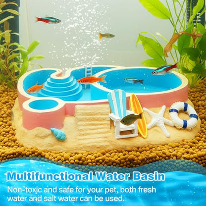 Gerrii Hermit Crab Water Bowl 2 Compartments Resin Hermit Crab Water Bathing Pool and Food Dish Seashell Reptile Climbing Habitat Platform for Turtles Lizard Frog Gecko Chameleons(Round)