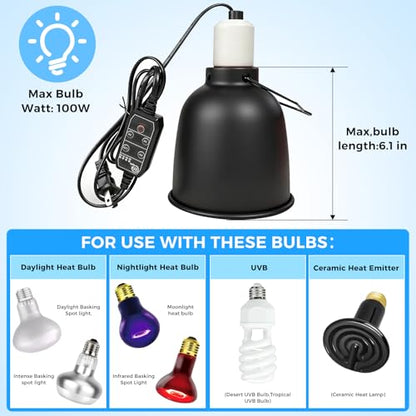 Timer Reptile Deep Dome Light Fixture - 1H/3H/6H/12H Auto On/Off - 5.5 Inch Ceramic Socket Lamp Holder for Heat & UVA UVB Bulbs - Bearded Dragons, Geckos, Turtles - Terrarium Lighting