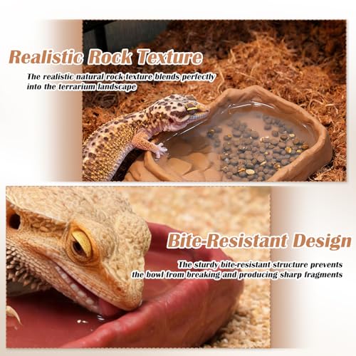 2 Pack Reptile Water Bowls, Rock Reptile Food Dish, Plastic Terrarium Feeding Bowl for Bearded Dragon Leopard Gecko Lizard Turtle Frog Snake Small Pets (Brown and Yellow)
