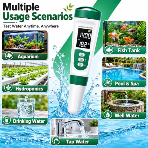 5 in 1 Water Quality Tester, Digital pH TDS EC Salinity Temperature Meter with Backlit LCD & ATC, Portable Pen Test Kit for Hydroponics Aquarium Fish Tank Pool Spa Drinking Water
