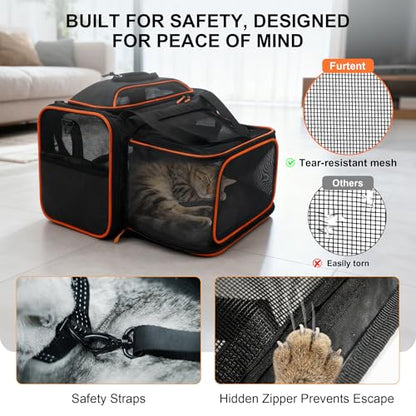 Expandable cat Carrier Soft Sided Airline Approved Pet Carrier Up to 12lbs | Top & Side Expandable, 360° Breathable Mesh, Anti-Collapse Frame, Built-in Safety Leash, Reversible Cushion for Cat Small Dog - color: Black