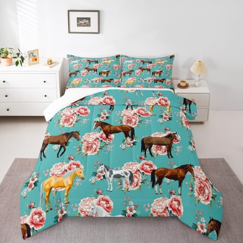 Kids Horse Bedding Set Chic Retro Floral Bedding Comforter Set For Girls Teens Galloping Horse Printed Comforter 3D Wild Farm Animal Duvet Set Bedroom Decor Quilt Set 2Pcs Twin Size, Green Pink - color: Multi 51, size: Twin