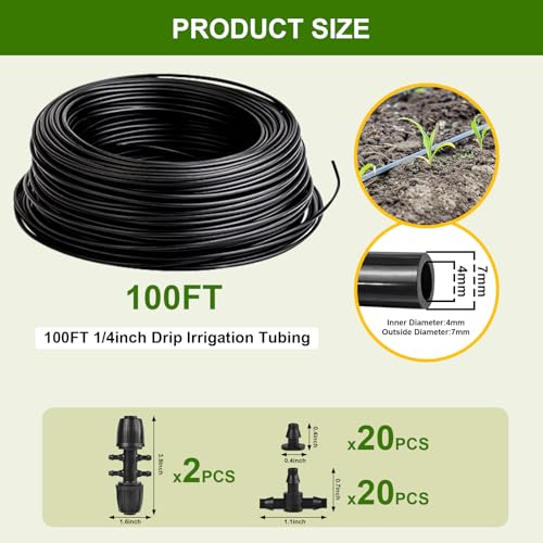 100FT 1/4 Inch Drip Irrigation Tubing, Distribution Hose Tube Kit Includes 2pcs 6-Way Connectors & 20pcs 1/4" Tee Splitters and End Plugs for Garden DIY Water-Saving Drip Irrigation System - color: Black-100FT