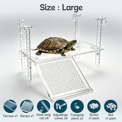 Turtle Basking Platform, Clear Acrylic Turtle Dock with Slip-Resistant Ramp and Built-in Hooks for Aquatic Turtles, Direction-Adjustable Ramp, Turtle Terrace, Turtle Tank Accessories - size: Medium