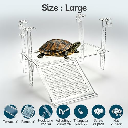Turtle Basking Platform, Clear Acrylic Turtle Dock with Slip-Resistant Ramp and Built-in Hooks for Aquatic Turtles, Direction-Adjustable Ramp, Turtle Terrace, Turtle Tank Accessories - size: Large