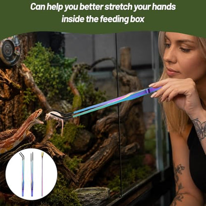 Reptile Feeding Tongs Set with Rubber Tip - 10.6" Stainless Steel Straight & Curved Tweezers and Feeding Spoon for Bearded Dragons, Lizards, Snake, Frog