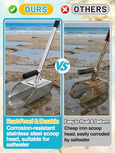 Biggun 2pcs Sand Scoop for Metal Detecting, 304 Stainless Steel Material | 45in Long Shark Tooth Sifter, Sand Shovel Sifter for the Beach Underwater Treasure Hunting, Metal Detector Scoop Accessories