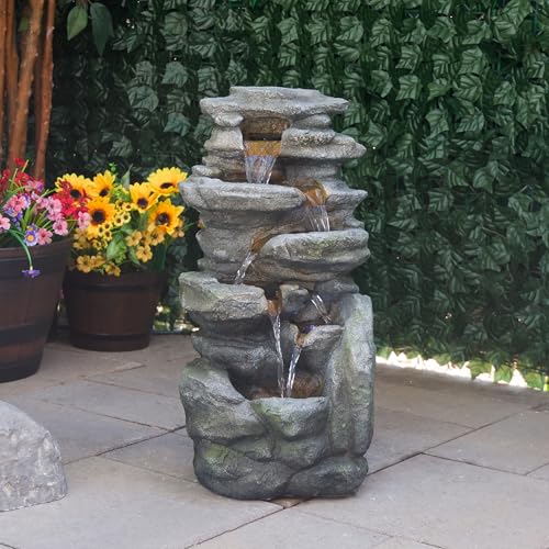 Alpine Corporation 24" H Outdoor Waterfall Floor Fountain with White LED Lights, Gray - color: Gray - 24"h Waterfall W/ Leds