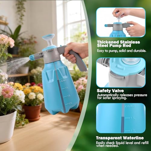 Hand Pump Sprayer 1/2 Gallon, Leak-Proof Plant Mister Spray Bottle | 2L Handheld Garden Pressure Sprayer, Lockable Spray Switch Design, Adjustable Nozzle, Extended Spray Rod, Lawn and Garden