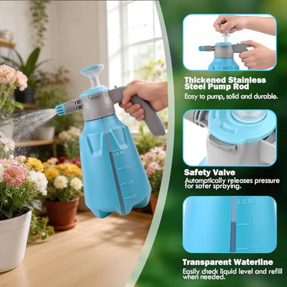 Hand Pump Sprayer 1/2 Gallon, Leak-Proof Plant Mister Spray Bottle | 2L Handheld Garden Pressure Sprayer, Lockable Spray Switch Design, Adjustable Nozzle, Extended Spray Rod, Lawn and Garden
