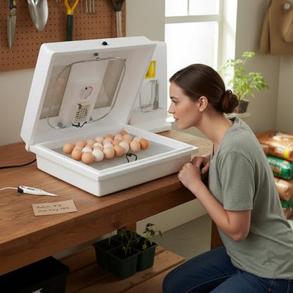 Farm Innovators 2100 Heated Still Air Incubator for 4 Dozen Eggs with Built in Hygrometer, Solid State Circuitry, and 2 Large Viewing Windows, White | 4 dozen egg capacity, built-in hygrometer, solid state circuitry, 2 viewing windows, 40W - color: Still