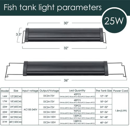 AQQA Aquarium Light,Full Spectrum LED Fish Tank Lights | 12"-54" Adjustable Multi-Color White Blue Red Green LEDs with Extendable Brackets,14W-31W for Freshwater Plants 25W (32"-36") - size: 25W (32"-36")