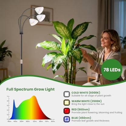 Floor Grow Lights for Indoor Plants, Full Spectrum, for Tall Plant | 3-Head Gooseneck Grow Lamp, 2.3in Spotlight-Style Heads, 78 Red/Blue/White LEDs, Timer & Dimming, 16.5-61in Height, Black - size: 3-Head