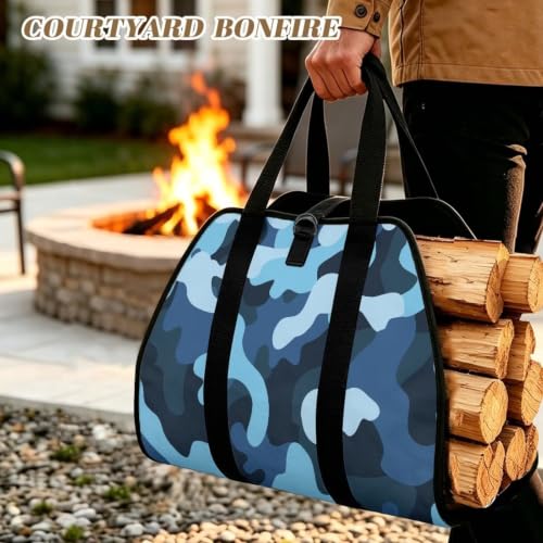 Blue Camo Print Firewood Carriers with Handles | Waterproof Fabric, Large Capacity, Open-Ended Design, for Daily Home Heating and Outdoor Camping - color: Multi Shade Blue Urban Camo Print