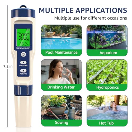 Pool Salt Tester & PH Meter - 5-in-1 Digital TDS Meter for Salinity PH Temp and EC, 0.01 High Accuracy, Swimming Pool, Hydroponics, Aquarium, Hot Tub, PPM Meter for Pool, Drinking Water, Wine
