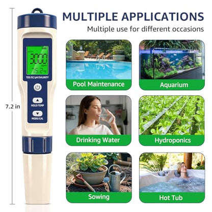 Pool Salt Tester & PH Meter - 5-in-1 Digital TDS Meter for Salinity PH Temp and EC, 0.01 High Accuracy, Swimming Pool, Hydroponics, Aquarium, Hot Tub, PPM Meter for Pool, Drinking Water, Wine