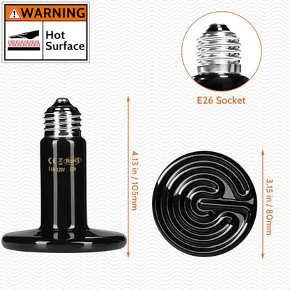 50W Ceramic Heat Emitter - No Light Reptile Heat Lamp for Amphibians, Lizards, Chickens, Turtles, Snakes - Infrared Heat Emitter Bulbs for Terrariums, Brooder Coops, and Tanks