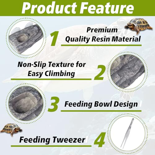 Turtle Floating Basking Platform with 3 Suction Cups & Water Bowl, Turtle Basking Platform with Feeding Tweezer for Frogs, Terrapins, Lizards(8.2×3.14×1.2 inch, Grey)