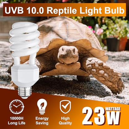 UVB Reptile Light Bulb 10.0, 23W UV Spiral Compact Florescent Terrarium Lamp Ideal for Desert Reptiles Bearded Dragons Lizard Tortoise Iguanas Chameleons Snake - 2 Pack - size: UVB10.0