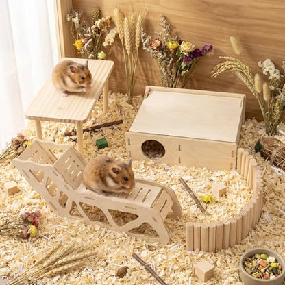 BreezeHug 4 Pcs Hamster Cage Accessories Hamster Platform Hideout Wooden Tunnel Ladder Playhouse Game Climbing Toy with Platform for Pets Dwarf Syrian Mice Degus Gerbils Squirrel(Enclosure) - style: Enclosure