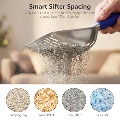 Cat Litter Scoop, Kitty Metal Scooper with Long Handle | Heavy Duty Aluminum Deep Sifter, Rustproof Durable Kitten Poop Shovel for Travel & Small Litter Box - color: Blue, size: Medium