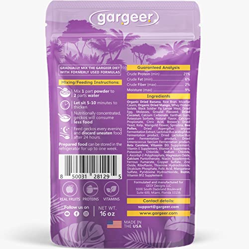 Gargeer 16oz Gentle Geck Tropical Diet - Crested Gecko Food. Made in USA | Expert-crafted superfood! Organic mango, banana & dried coconut mixed with wild insect proteins & probiotics. Zero fillers - size: 1 Pound (Pack of 1)