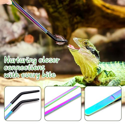 OLIISS Iridescent Reptile Feeding Tongs with Rubber Tips, 10.6", 2 Pack | Straight & Curved, Stainless Steel, Secure Grip, Feeder Tools for Bearded Dragons, Geckos & Lizards, Terrarium Tank Supplies - size: 10.6 Inch