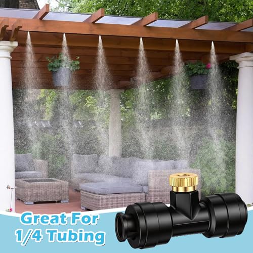 Yotako 1/4'' Slip-Lock Misting Nozzles Kit | 12Pcs Brass Misting Nozzles 10Pcs Water Misting Nozzle Tees Thread Misting Nozzle Tees with Plugs for Spray Cooling System