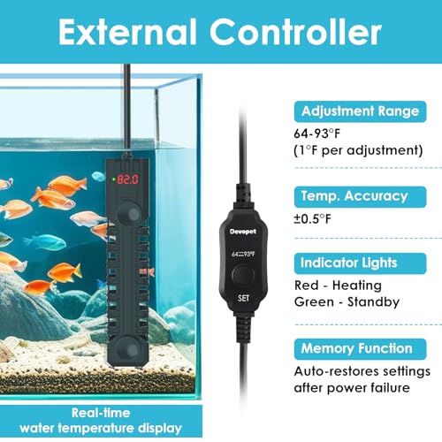 200W Aquarium Heater, Adjustable Fish Tank Heater, with Digital Display, Overheat Protection & Dry Run Protection, for 20-40 Gallon Water - size: For 20-40 Gal