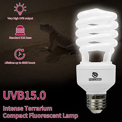 UVB Reptile Light 15.0, 26W Intense UVA UVB Bulb for Reptiles, Terrarium Compact Fluorescent Lamp, Reptile UVB Light Bulb for Desert Reptiles & Amphibians - size: 15.0-26