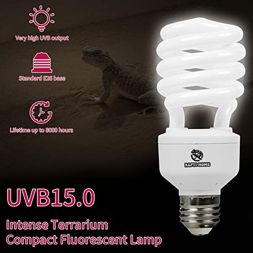 UVB Reptile Light 15.0, 26W Intense UVA UVB Bulb for Reptiles, Terrarium Compact Fluorescent Lamp, Reptile UVB Light Bulb for Desert Reptiles & Amphibians - size: 15.0-26