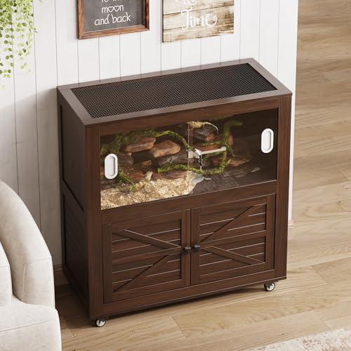 Reptile Terrarium with Stand, 40 Gallon Reptile Tank with Large Storage Cabinet and Ventilated Metal Mesh Top, Walnut - color: Walnut