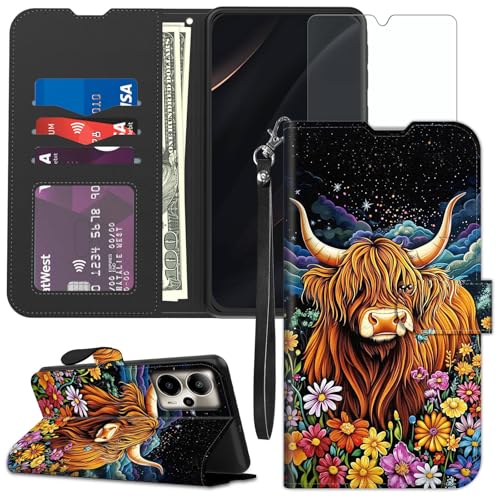 for Cricket Outlast 5G 2024 Wallet case with RFID Blocking Credit Card Holder Kickstand, Folio Flip PU Leather Shockproof Protective Cover for AT&T Motivate Pro 5G, Highland Cow - color: Highland Cow