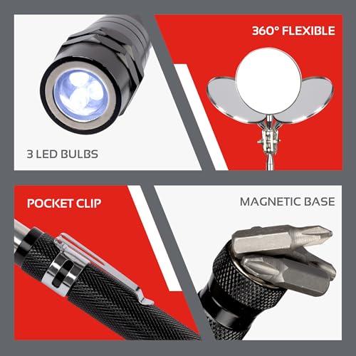 5PCS Magnetic Pickup Tool & Telescoping Inspection Mirror, Flashlight, Gifts for Men