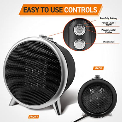 Comfort Zone Space Heaters for Indoor Use, Portable Heater, Fast Heating, Electric Heater, Thermostat, Bedroom Heater, Overheat Protection, Desktop Heater, Safety Tip-Over Switch 1,500W, Black
