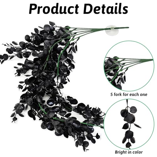 Hamiledyi Reptile Plants, 2 Pack Hanging Terrarium Plants, Artificial Leaves Habitat Decorations with Suction Cup, Fake Amphibian Plants for Bearded Dragon Lizard Hermit Crab Geckos Chameleon(Black) - size: 2 PCS