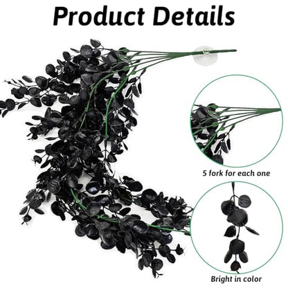 Hamiledyi Reptile Plants, 2 Pack Hanging Terrarium Plants, Artificial Leaves Habitat Decorations with Suction Cup, Fake Amphibian Plants for Bearded Dragon Lizard Hermit Crab Geckos Chameleon(Black) - size: 2 PCS