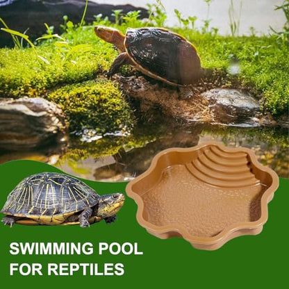 Extra Large Reptile Bathing Pool Reptile Feeding Dish Water Bowl with Ramp Aquarium Ornament for Gecko, Snake, Turtle, Bearded Dragon, Lizard Bath (Brown-Yellow) - color: Brown-yellow