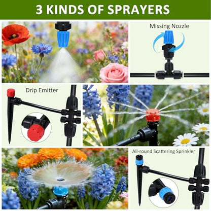 300FT Drip Irrigation System Kit, Automatic Garden Watering Misting System with 70FT1/2 inch Hose 230FT 1/4 inch Distribution Tubing and Accessories for Garden Lawn Greenhouse Plant Flower Bed