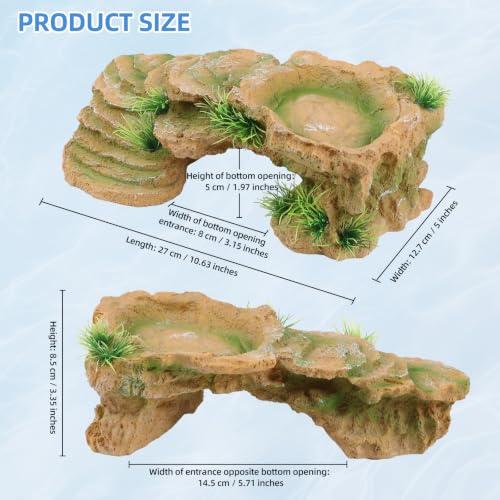 Turtle Docks for Basking Reptile Rock Cave Hideout | 2 In 1 Basking Platform And Hide Cave With Fake Grass On 4 Sides Wide Textured Ramp Durable Resin Light Brown Yellow - color: Light Brown Yellow