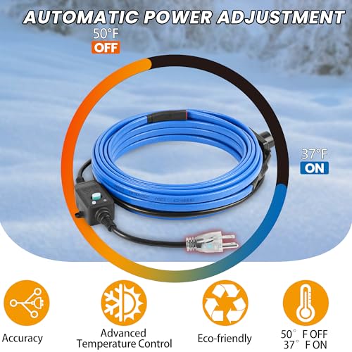 PROEZE 30FT Pipe Heat Cable with Thermostat, Self-Regulating Heating Cable 120V 5W/FT, Freeze Protection for Water Pipes, Roof, Garden, and Outdoor Use, Works Down to -40°F
