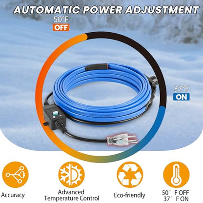 PROEZE 30FT Pipe Heat Cable with Thermostat, Self-Regulating Heating Cable 120V 5W/FT, Freeze Protection for Water Pipes, Roof, Garden, and Outdoor Use, Works Down to -40°F
