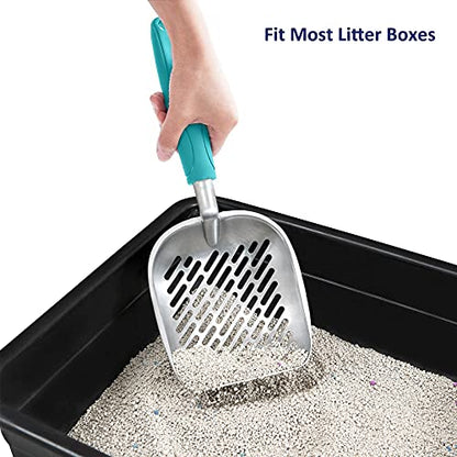 Cat Litter Scoop, Aluminum Alloy Sifter, Kitty Metal Scooper, Deep Shovel with Diagonal Sifting Hole, Long Handle, Kitten Poop Lifter for Litter Box, Medium Size, Turkish Blue Handle - color: #02 Turkish Blue, size: Medium