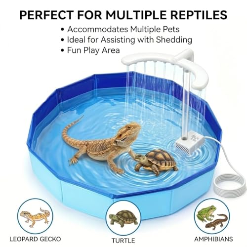 Trynellis Large Electric Bearded Dragon Pool with U-Shaped Shower - 19.7" Foldable Bearded Dragon Bathtub & Automatic Water Dispenser - Anti-Leak, Swimming Bath Accessories for Lizards & Turtles