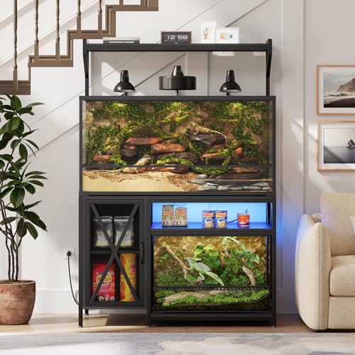 40-120 Gallon Reptile Tank Stand with Power Outlet, 48" X 69" Terrarium Enclosure with Storage Cabinet, Heavy Duty Large Aquarium Stand for Bearded Dragon, Snakes, Lizards