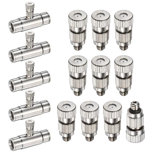 M METERXITY 20-Pack Brass Misting Nozzle Tee Kit, 0.8mm Orifice Dia. High Pressure Spray Misting Nozzle Head, Slip Connectors for 3/8 Inch Drip Irrigation Tubing Kit Outdoor [3/16" Threaded] - size: 0.8mm