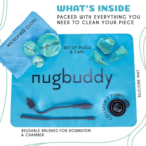 Glass Cleaning Kit - Reusable Silicone Accessories - Complete Kit to Clean your Piece, Just Add Cleaner - Reusable Soaker Bag, Brushes, Mat, Caps & Plugs, Funnel, & Microfiber Towel - color: Blue Green