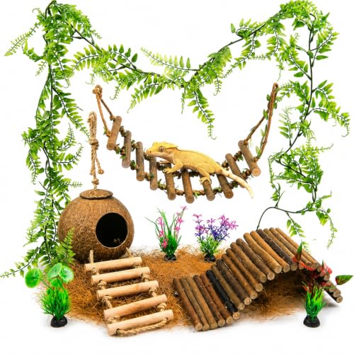 Crested Gecko Tank Accessories, Reptile Bridge and Plants with Coconut Shell Ladder Hideout, Natural Terrarium Decor for Lizard, Chameleon, Leopard Gecko, Snake, Hermit Crab and Tortoise (Group B) - color: Group B